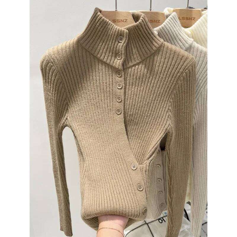 New High-neck Long-sleeved Cardigan Sweater Autumn Winter Style Slimming Bottoming Top Z260313