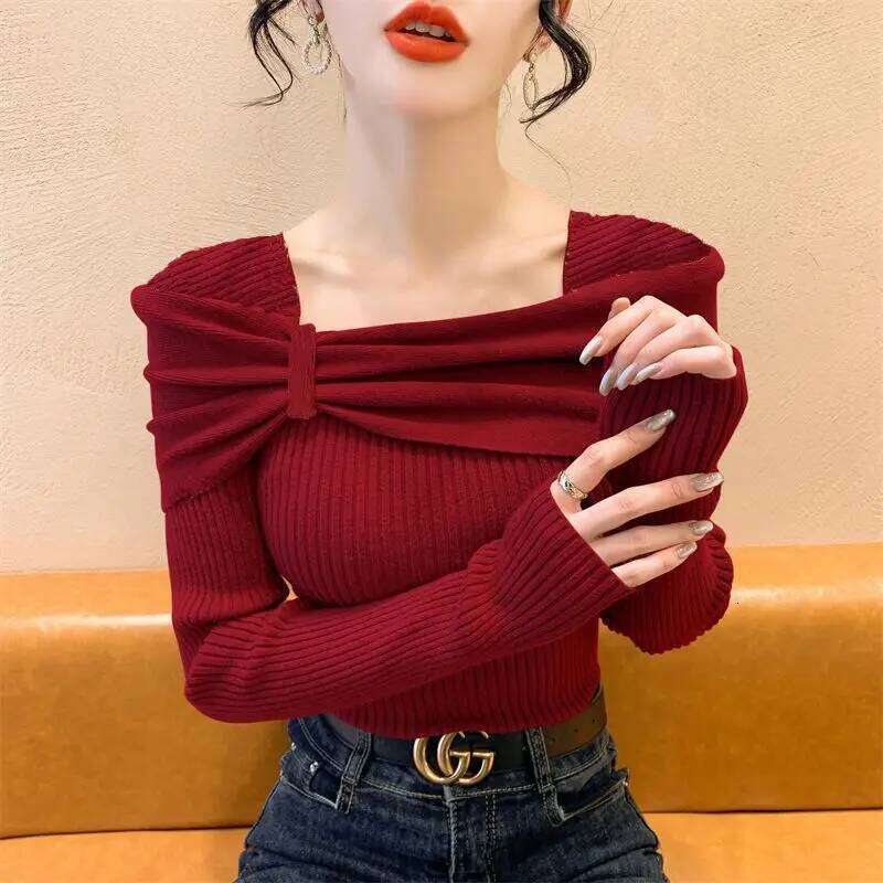 Spring Autumn Solid Color Square Collar Long Sleeve Fashion Sweater Women High Street Casual Slim Korean Style Flares Pullovers Z260313