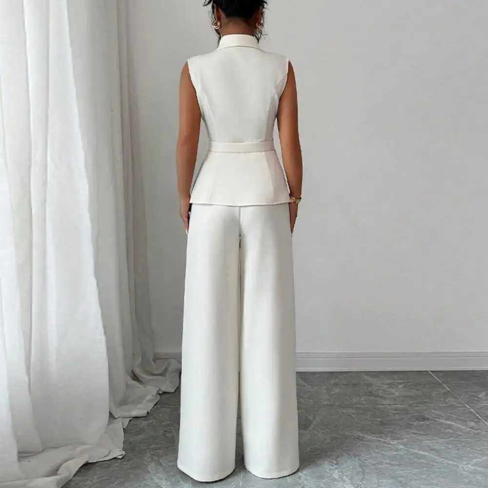 Comfortable Spring Suit Womens 2 Piece Suit Set Sleeveless Blazer Vest Wide Leg Pants Outfit Casual Office Workwear Dressy M260313