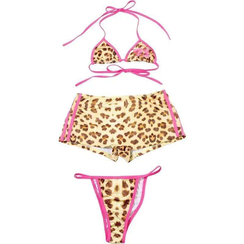 Sexy Leopard Printed 3 Pieces Swimwear Y2K Color Contrast Summer Beach Vacation Swimsuit Women Shorts 2024 Female Bikini Set Y260303