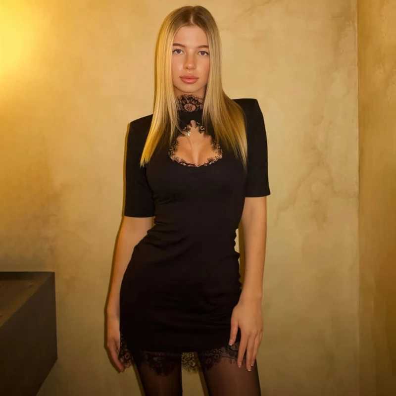 Tornova Sexy Hollow Lace Mini Dress For Women Fashion High Waist Short Sleeve Dress 2025 Autumn New Club Party Slim Black DressT260316