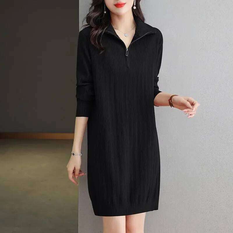 Red Knit Dress With Half Zipper Polo Neck Three Quarter Sleeve Loose Fit Casual Style For Women Autumn Winter Wear Z260314