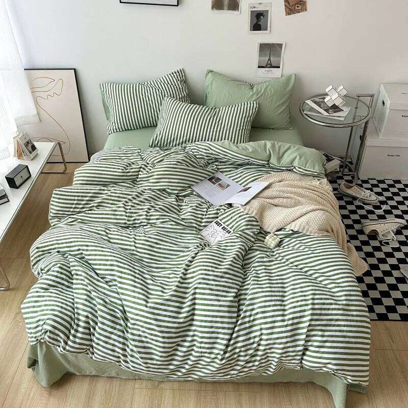 Green White Striped Bedding Set No Filler Ins Nordic Duvet Cover with Zipper Pillowcase Sheet Double Queen Bed Linens H260312 - view 3