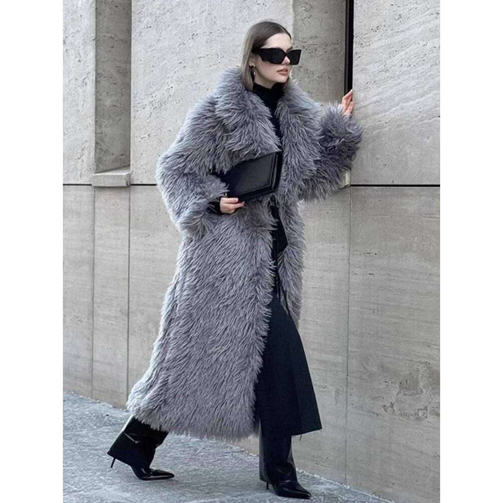 DEAT Fashion Gray Imitation Fur Coat Women's Lapel Loose Long Sleeves Plush Thick Overcoat Winter New 7A1438 Z260313