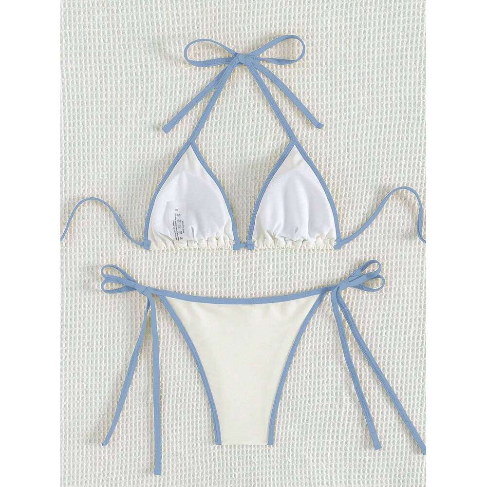 Summer white and blue color-block bow-tie pure bikini set suitable for women's beach vacation 26H0313