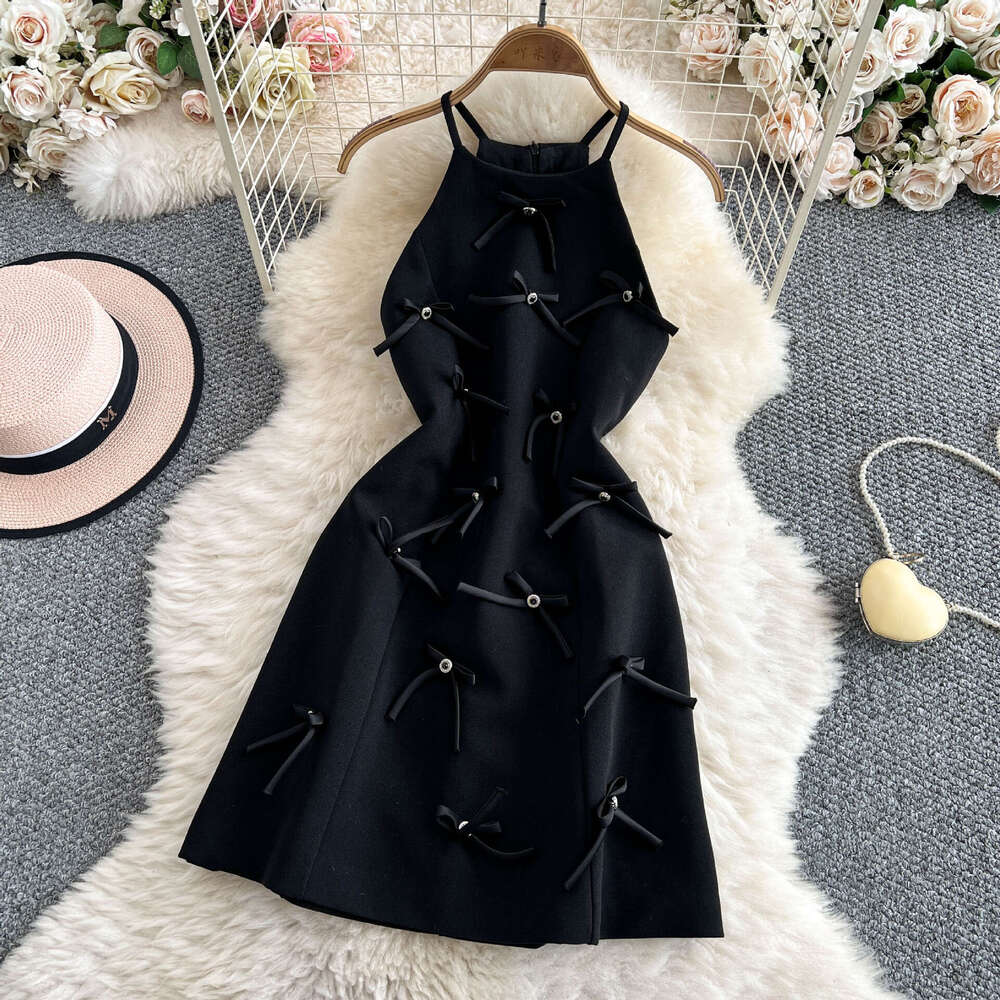 Designer European and American sweet and spicy girl backless collar summer fashion heavy bow slim fit A-line small black dress