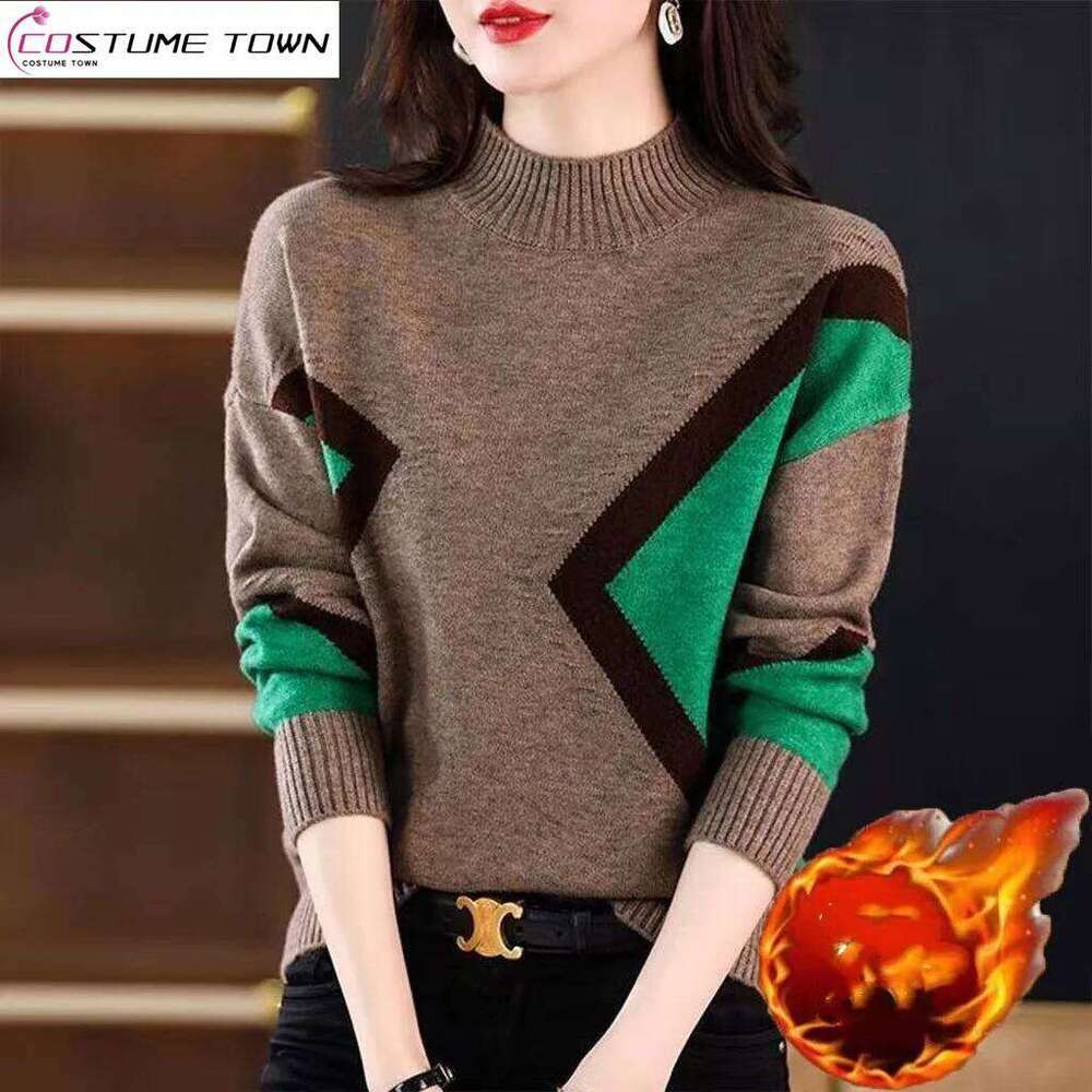 Velvet and Thickened Women's Top 2024 New Autumn/Winter Korean Edition Color Block Knitted Half High Neck Sweater Z260313