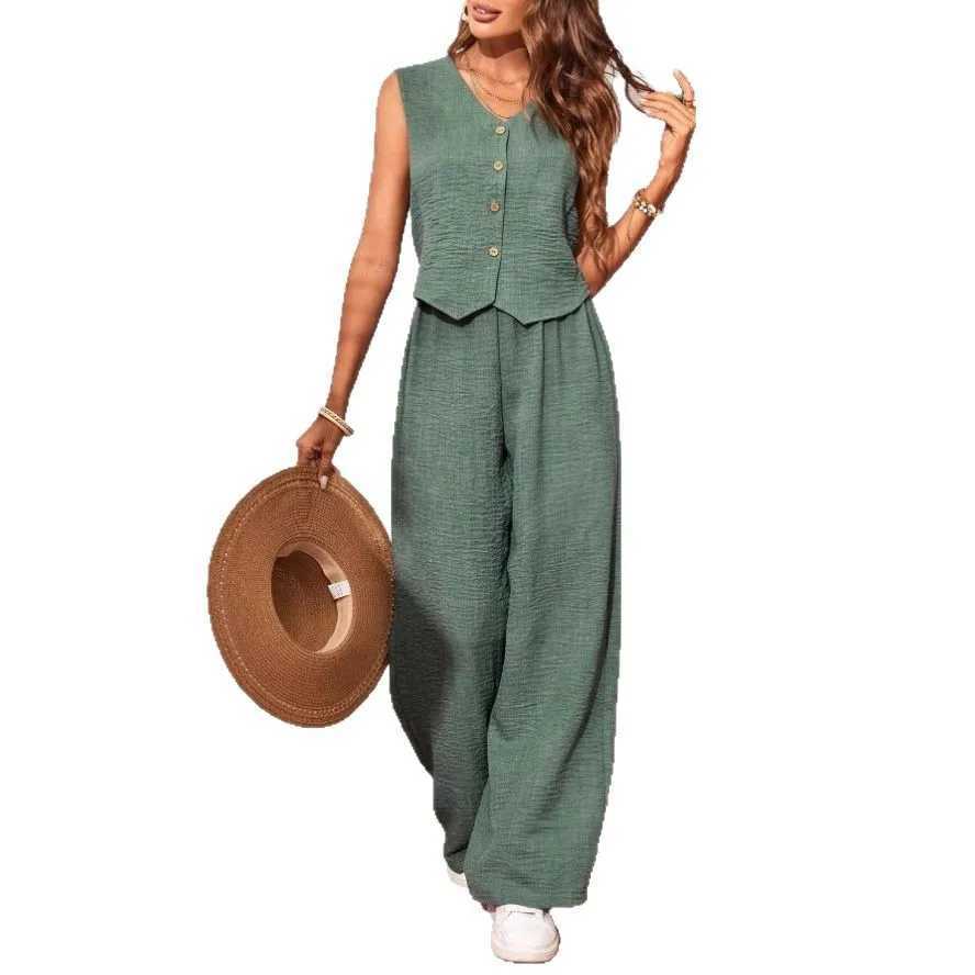 Spring Summer Bohemian Style Beach Vacation Set Women Sleeveless Vest Single-breasted Vest Wide-leg Pant Solid Color 2 Piece Set M260313