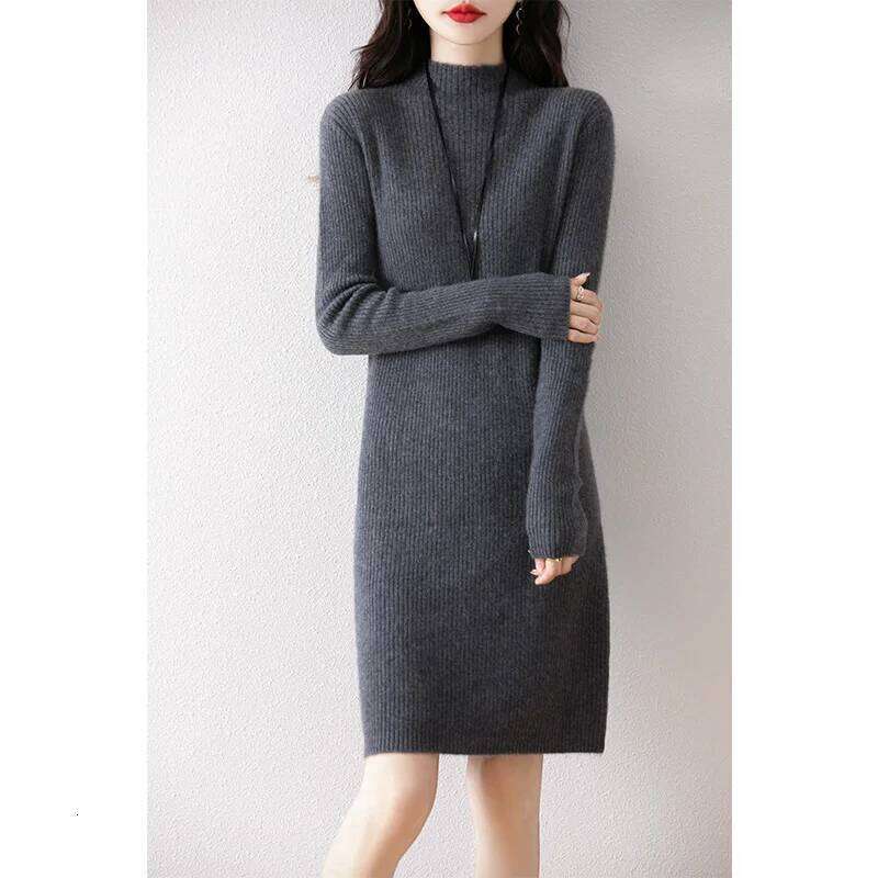 New 100% Merino Wool Knitted Hot Selling in Autumn and Winter Slimming Long Women's Dress Z260314
