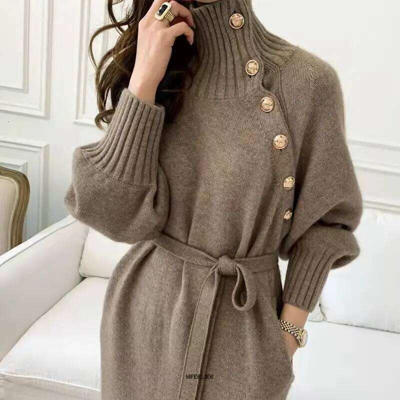 Plus Size 5XL 150KG Women Autumn Winter Knitted Turtleneck Sexy High Elastic Oversized Sweater knit Warm Long Dress Z260314