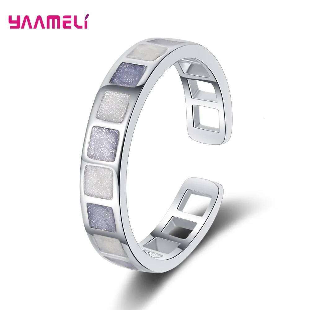 925 Sterling Silver Jewelry Women Opening Adjustable Ring Glitter Square Wide Band New Fashion Female Accessories H260312