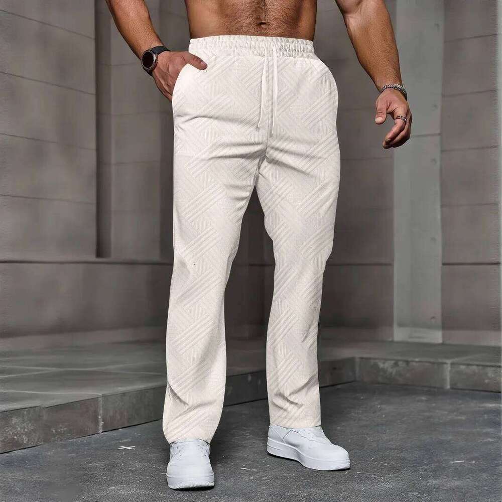 Men's sporty casual trousers, fashionable jacquard elastic waist street pants, solid-color loose all-season pants Z260315
