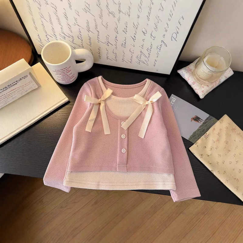 Women's T-Shirt Girls' Sweet Versatile Two-in-One T-Shirt Top Spring New Korean Style Children's Fashionable Stylish Base Shirt