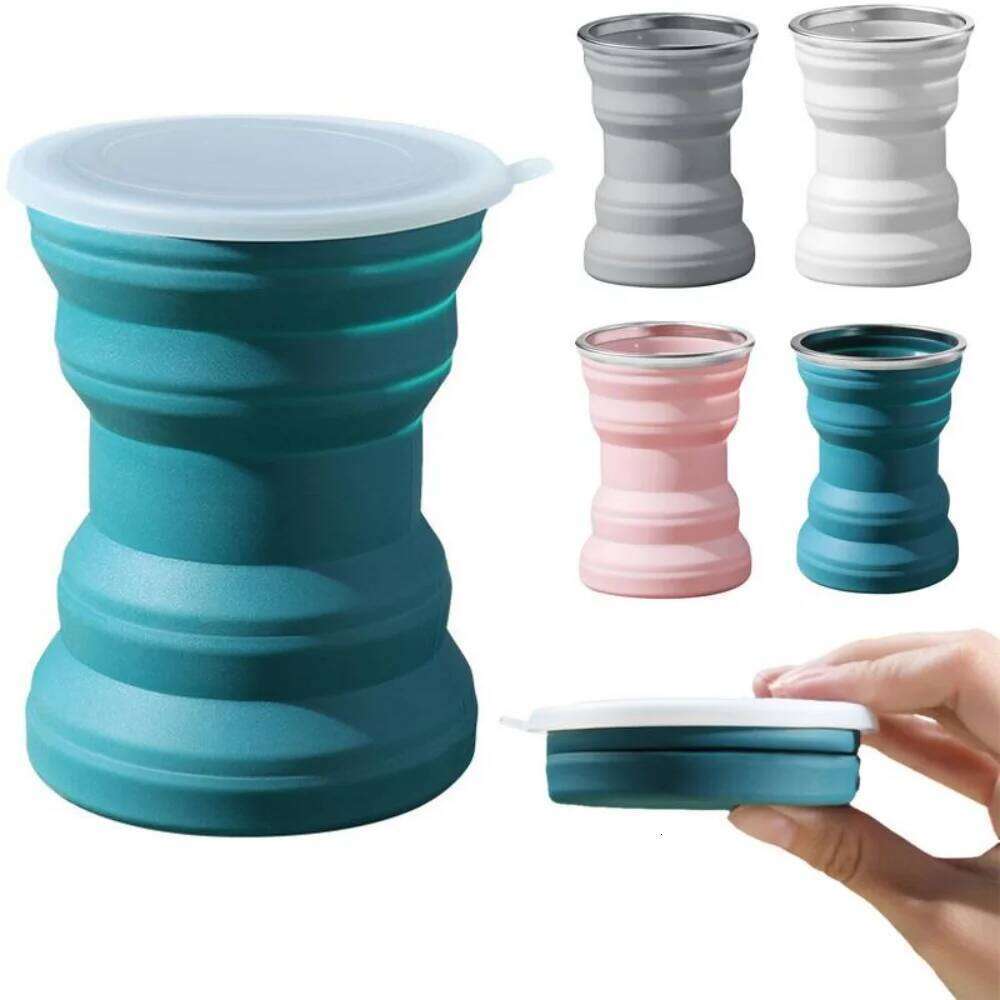 Portable Folding Silicone Water Cup, 320ml Outdoor Heat Resistant Foldable Mug with Lid Collapsible Travel Drinking Cups, Coffee Z260313