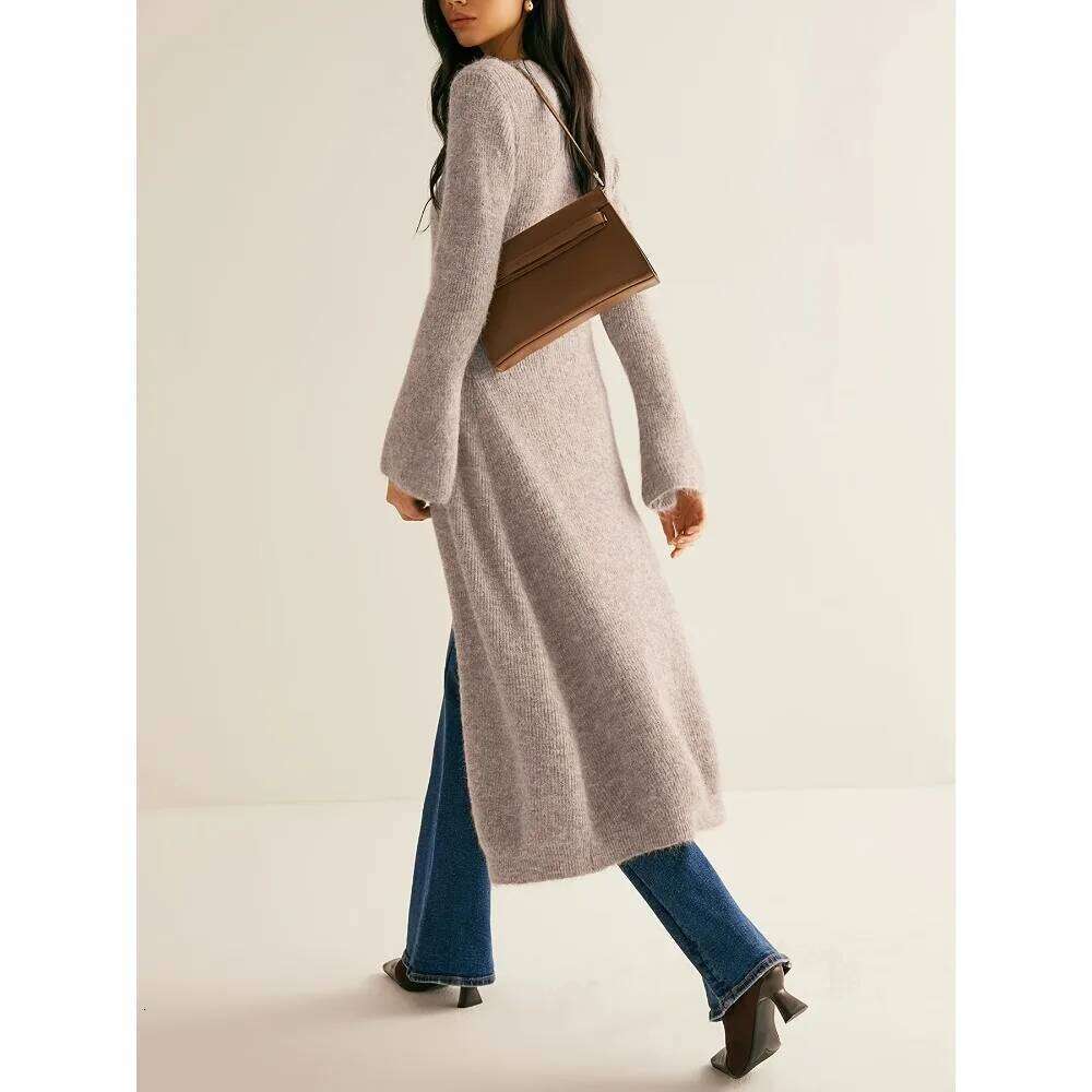 Women's Dress: High-end French V-neck Slimming Cardigan, Mid-length Solid-color Knitted Long Dress for Women Windbreaker Z260313