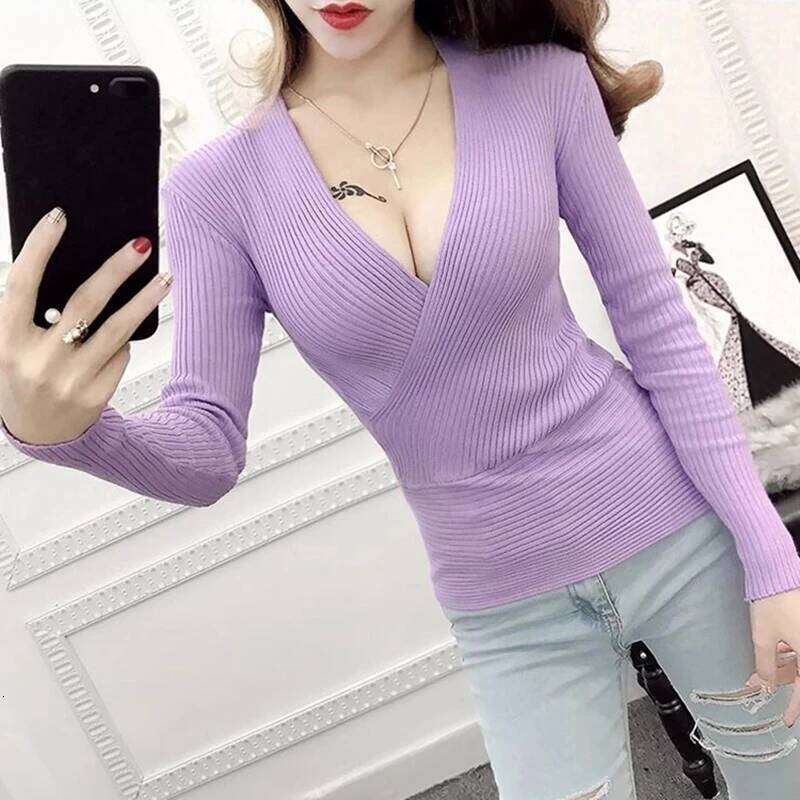 Autumn Winter Basic Sweaters Women Pullovers Long Sleeve Deep V Neck Korean Fashion Clothing Slim White Jumpers Knitwear Tops Z260314