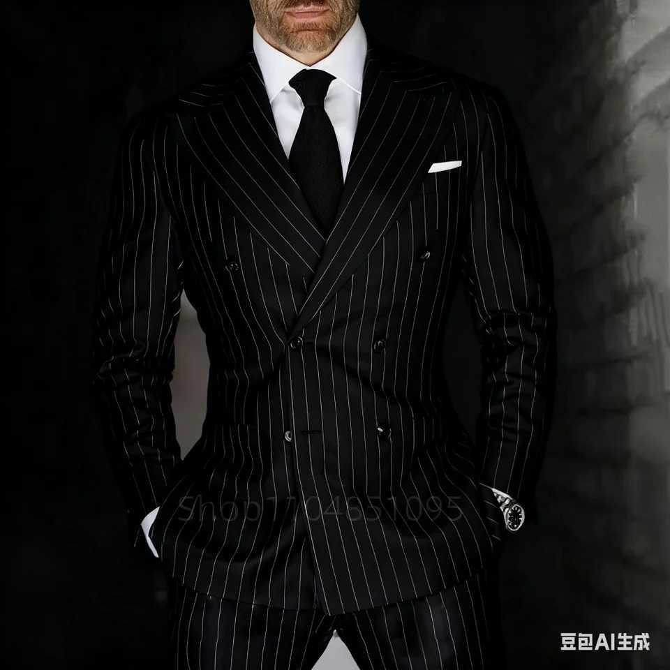 Mens 2-Piece Suit Set Slim Fit Double Breasted Lapel Formal Grey Blue Marine JaCKet And Trousers Ensemble M260313