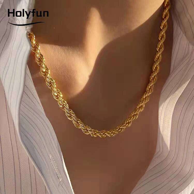 Ropes Long Necklace for Men Women,Stainless Steel Minimalist Twist Rope Necklace,Punk Gold Silver Black Color Chain H260312