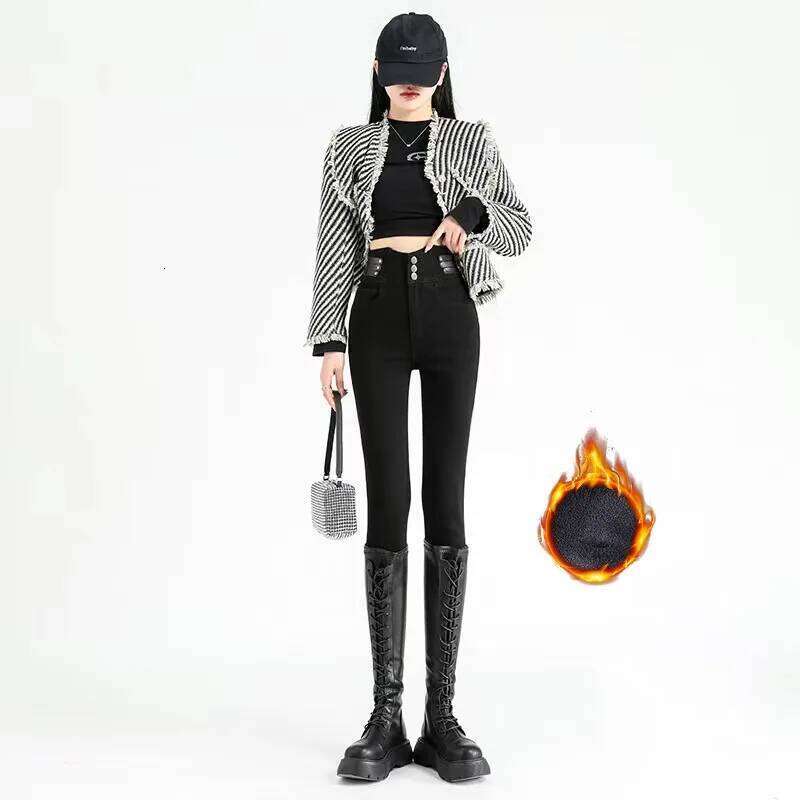 High Waist New Women's Fleece Jeans Winter Warm Thermal Slim Blue Black Fashionable Casual Velvet Elastic Pencil Denim Trousers Z260313