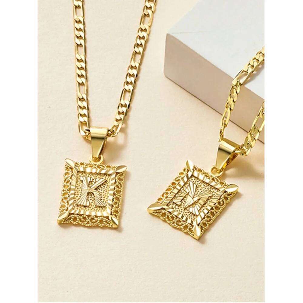 Initial Square Letter Pendant Capital Monogram Alhpabets From A-Z Figaro Chain Necklace H260312