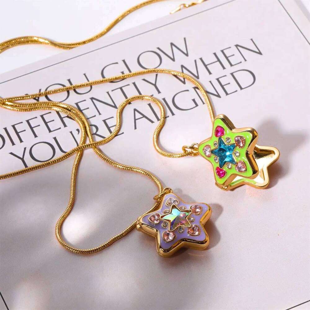 Pink Drip Glaze Heart-shaped Star Photo Locket Necklace Colorful Crystal Openable Pendant Necklaces Women Memorial Jewelry Gifts H260312