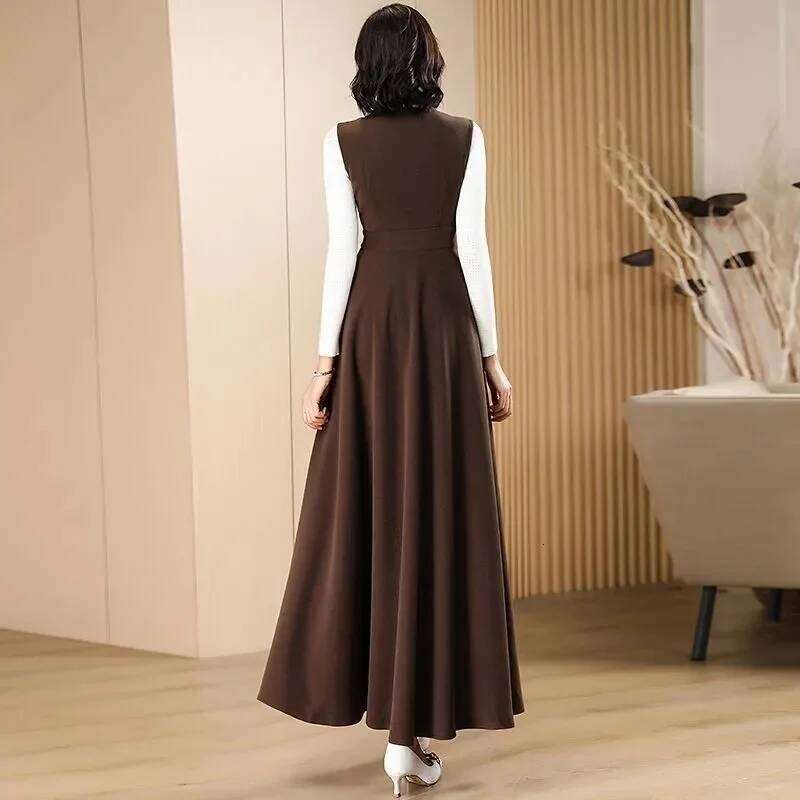 New Temperament Women's Woolen Long Autumn Small Fragrance Style Sleeveless Vest + Sweater 2PCS Suspenders Dress Set Z260314