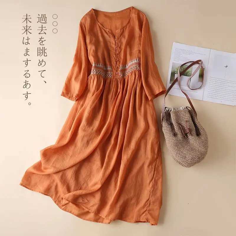 Orange Indie Folk Embroidery Three Quarter Sleeve V-Neck Pullover Womens Dress Knee-Length Dresses For Women 2026 FashionT260314