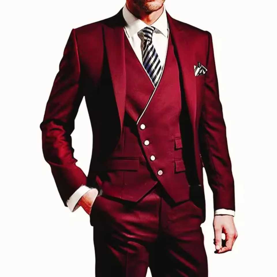 Solid Color 3-Piece Mens Suit Fashionable New Formal Business Wedding Unique Button Lapel Tuxedo Vest Pants Set M260313