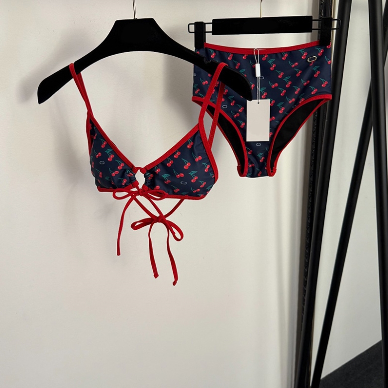 Women Luxury Cherry Print Swimsuit Set Bow Cutout Triangle High Waist Bikini Swimsuit Sunbathing Bikini Pool Party Swimwear