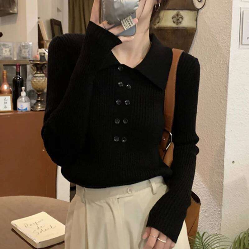 Turn-Down Collar Ribbed Pullover Sweater Women Autumn Winter Slim Long Sleeve Soft Warm Sweaters Ladies Knitted Tops Z260314