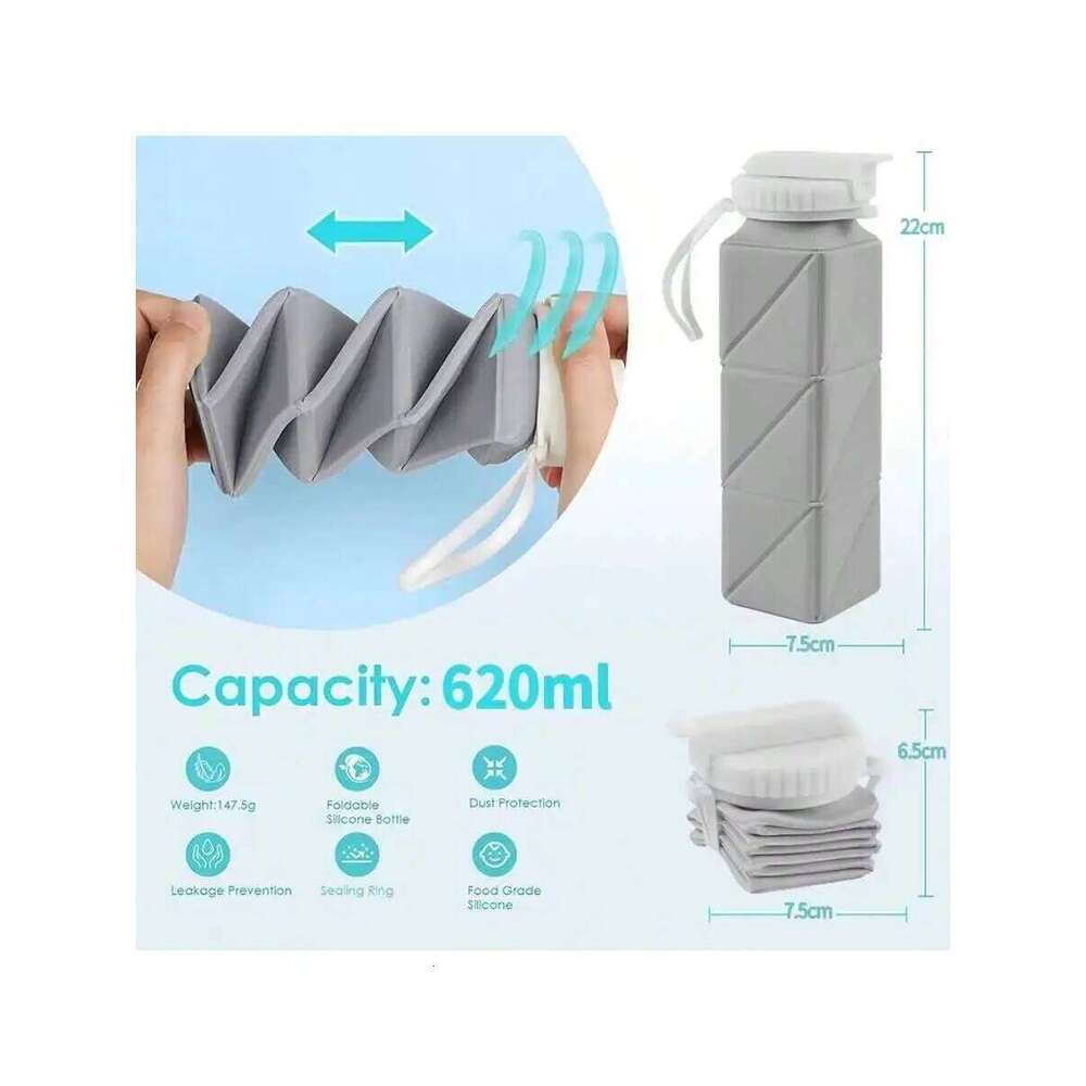 1pcs 620ml Square Silicone Folding Mug Portable Food Grade Sports Water Bottle Retractable for Gym Camping Hiking Travel Z260313