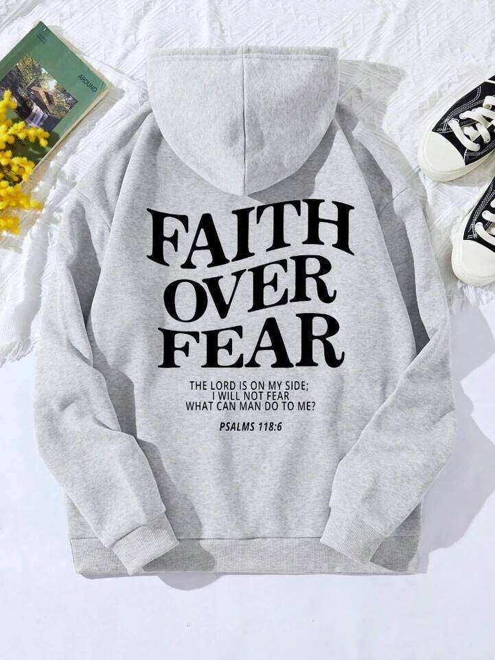 Casual Women's Hoodies Faith Over Fear Letter Printing Sweatshirts Fleece Warm Comfortable Pocket Pullovers Autumn Streetwear Z260314