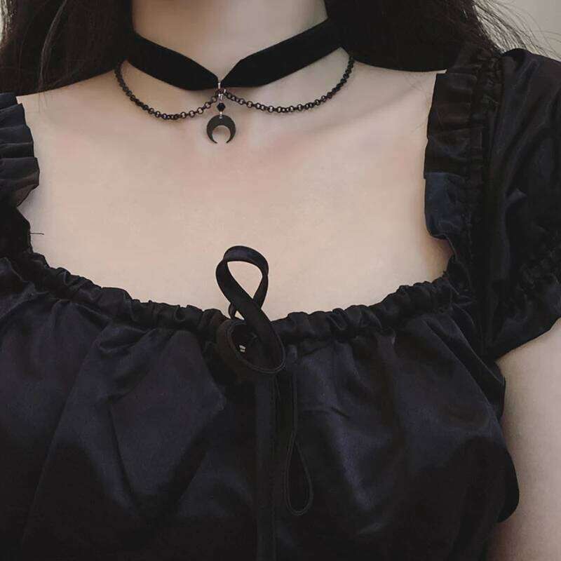 Korean-Inspired Goth Choker Necklace with Moon Pendant; Women's Vintage Clavicle Chain Accessory H260312