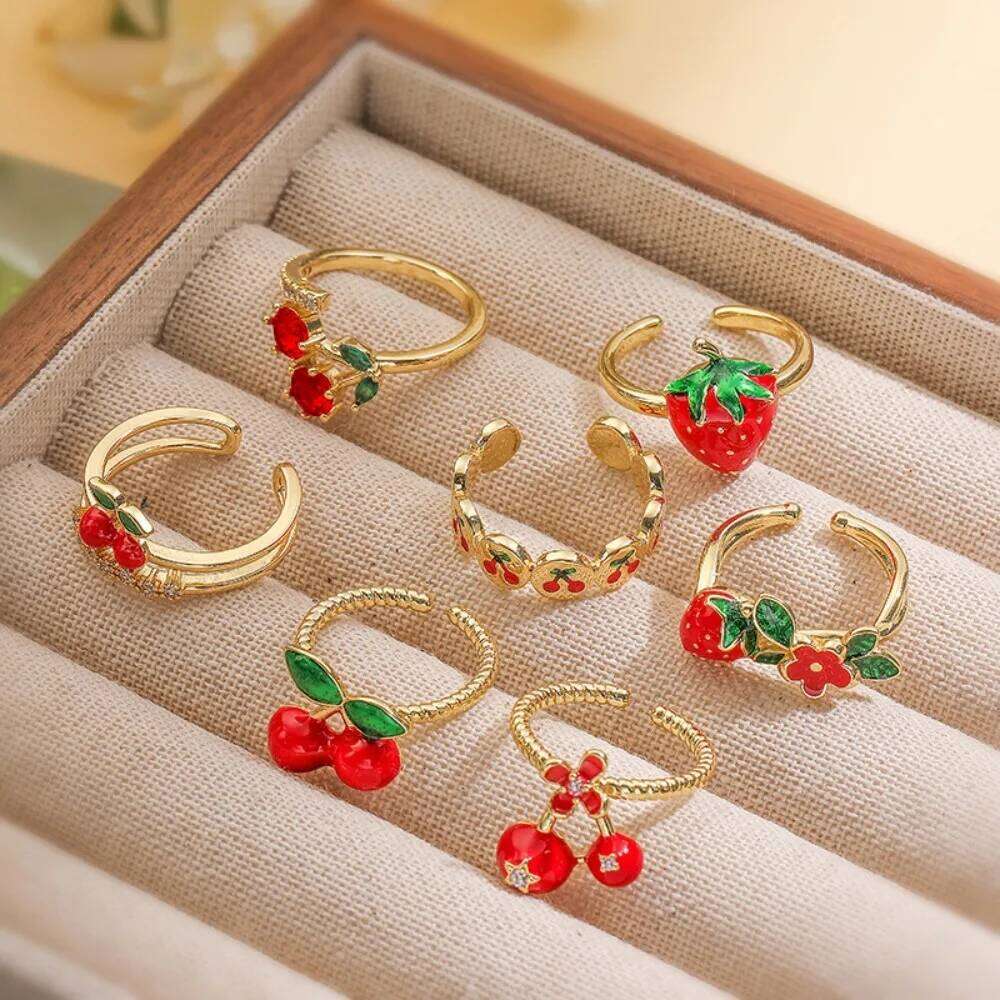 Sweet Cute Fruit Series Small Strawberry Cherry Stainless Steel Adjustable Opening Rings for Women Fashion Finger Jewelry Gift H260312