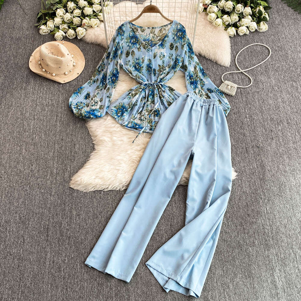 Designer ladies elegant mature style two-piece loose waistband A12 flower pleated shirt high waist wide leg straight leg suit pants