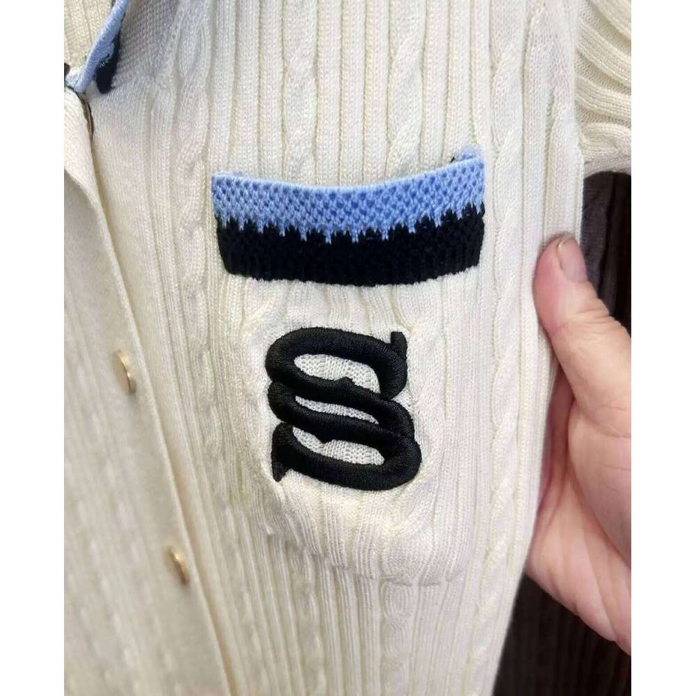 2024 Summer Elegant Slim Knitted Dress Women's Letter Single Breasted Long Sleeved Vintage Dresses White Autumn Z260313