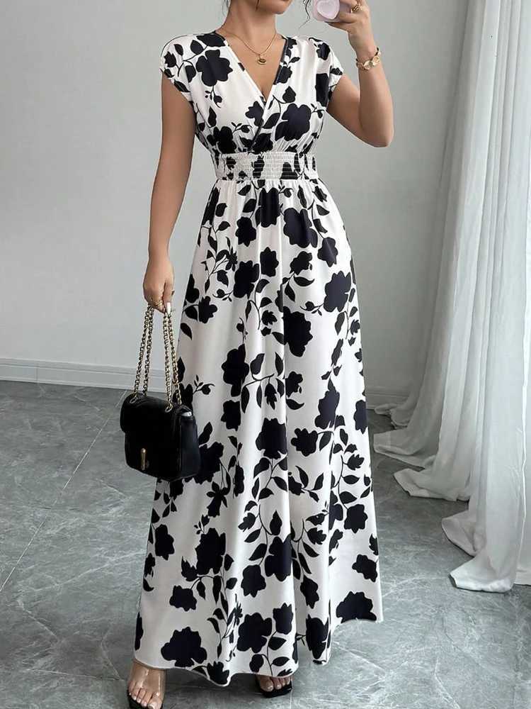 New Summer Womens Printed Lace-up Maxi DressShort Sleeved DressesCasual DressesFloral DressesElegant Dresses For LadiesT260316