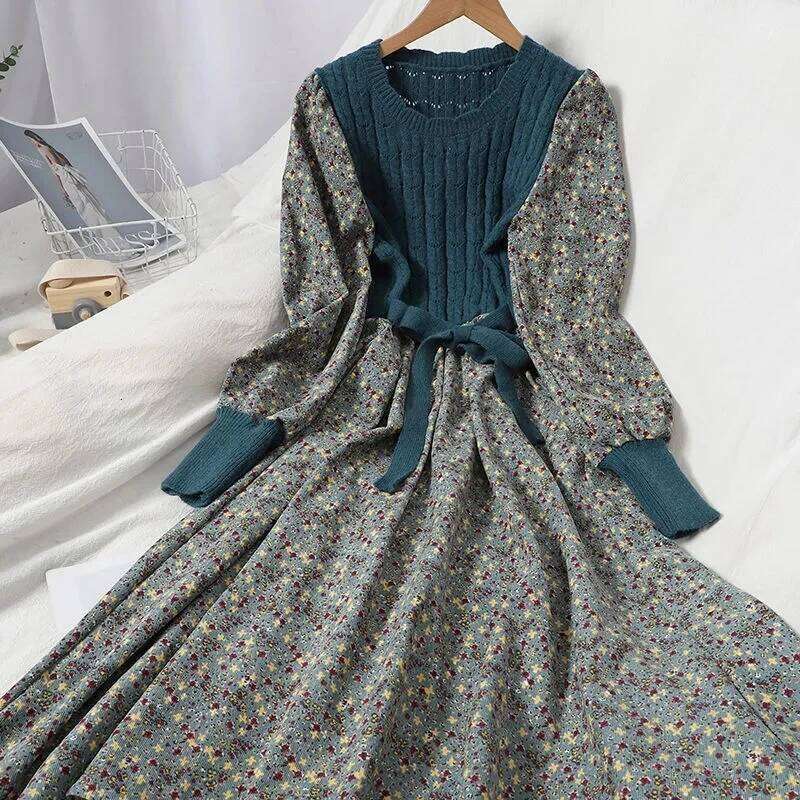 2025 Autumn Winter New Korean Patchwork Bandage Long Sleeved Knitted Dress Women's Fashion Slim Sweet Corduroy Flower Dresses Z260314