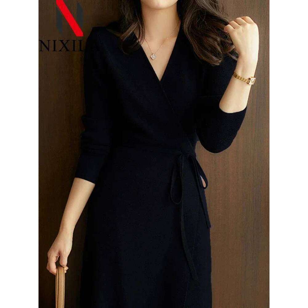 Autumn Winter Knit Womens Sweater Dresses V-neck Wrap Streetwear Korean Fashion Loose Long Sleeves Tops Elegant Female Clothing Z260313