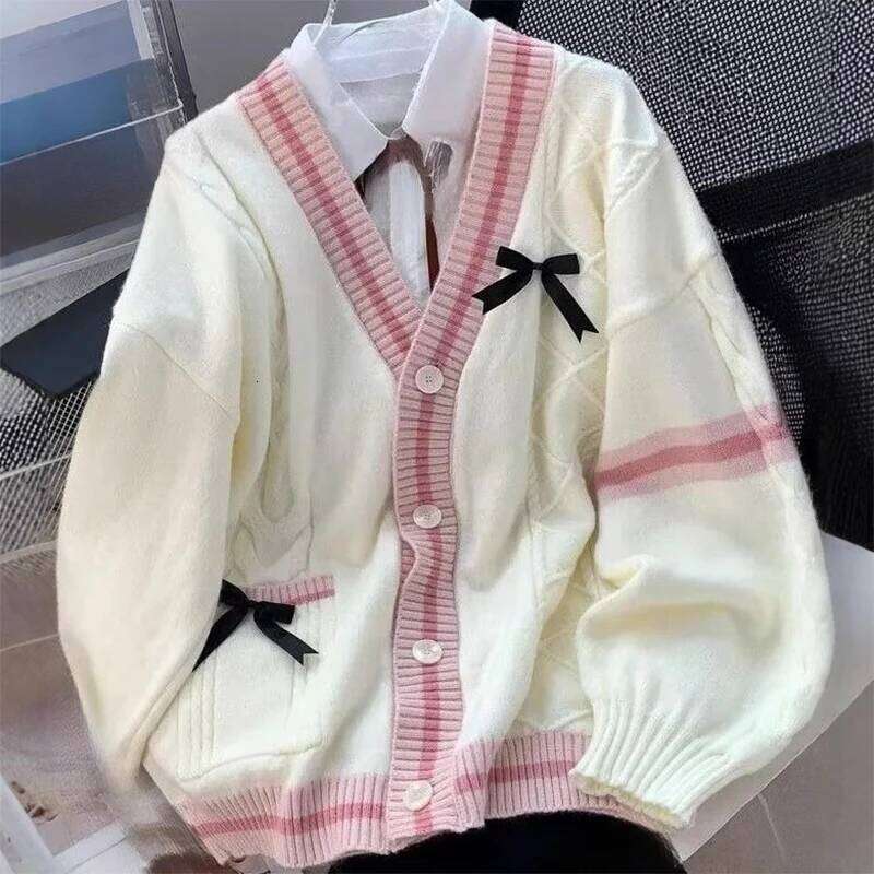 Casual Sweet Bow Cardigan Woman Autumn Winter Japanese Classic Preppy Style Knitted Coats Y2K Vintage Contrast Color V-Neck Tops Z260313