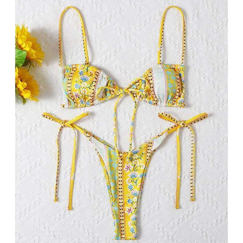 2025 Floral Print String Bandage Bikini Set Swimwear Women Summer Sexy Push Up Bathing Suit Beachwear Halter Biqiuni Swimsuit Y260303