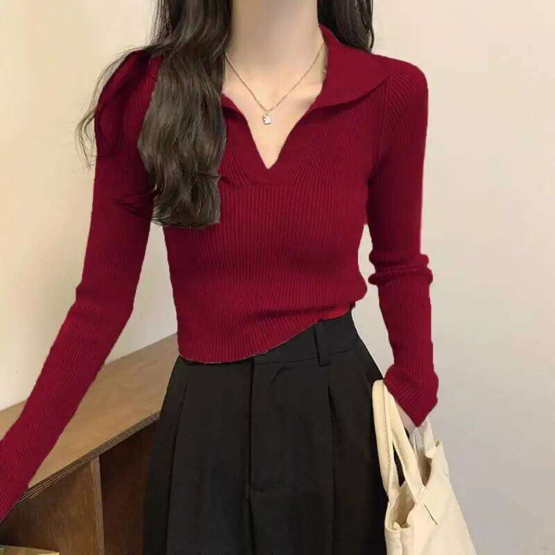 2024 Autumn New V-neck Inner Wear Women's POLO Neck Knitted Sweater Pullover Slim-fitting Long-sleeved Versatile Commuter Top Z260313