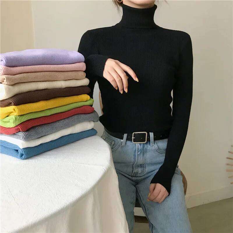 Women Heap Turtleneck Autumn Winter Sweater New Fashion Pullover Elastic Knit Ladies Jumper Casual Solid Soft Female Basic Tops Z260313