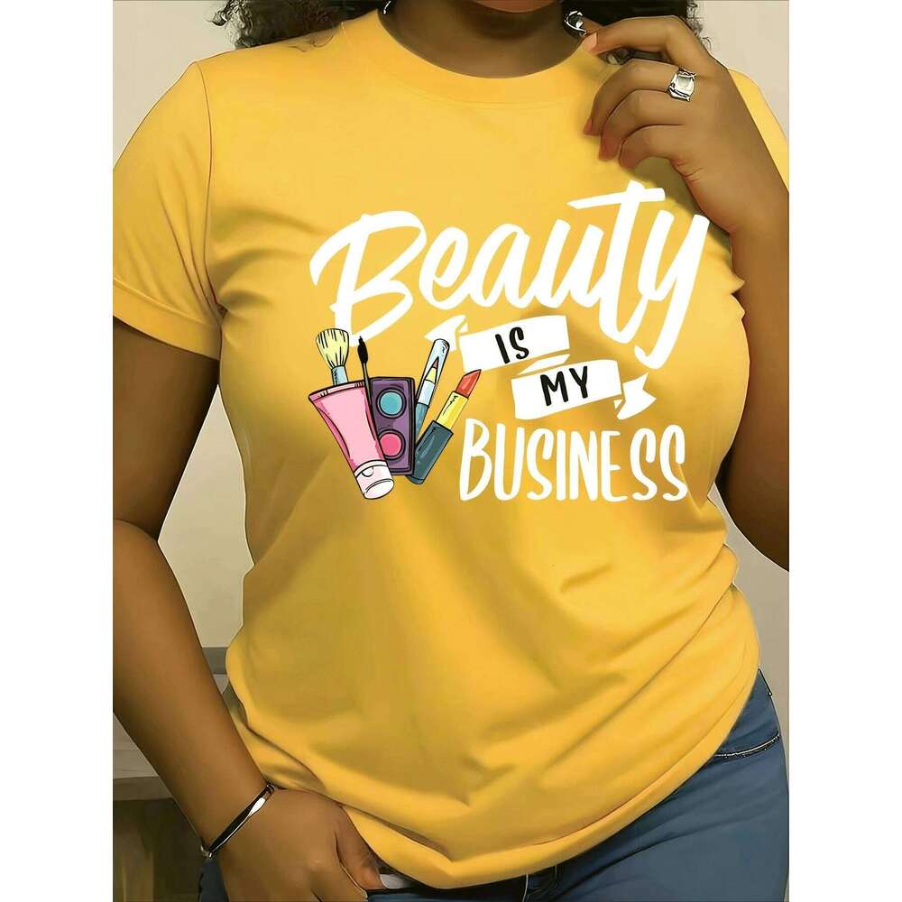 Women's Tshirt Graphic Beauty Is My Business Casual Crew Neck with Makeup Brush Design Short Sleeve Summer Top Comfortable Fit Z260314