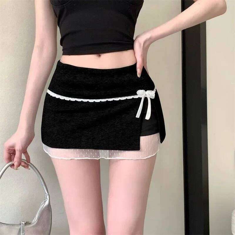 Mini Women Patchwork Lace Bow Hotsweet Summer A-Line Skirt with Safety Pants Fashion Side Slit Bodycon 2025 Lady Skirts Z260314