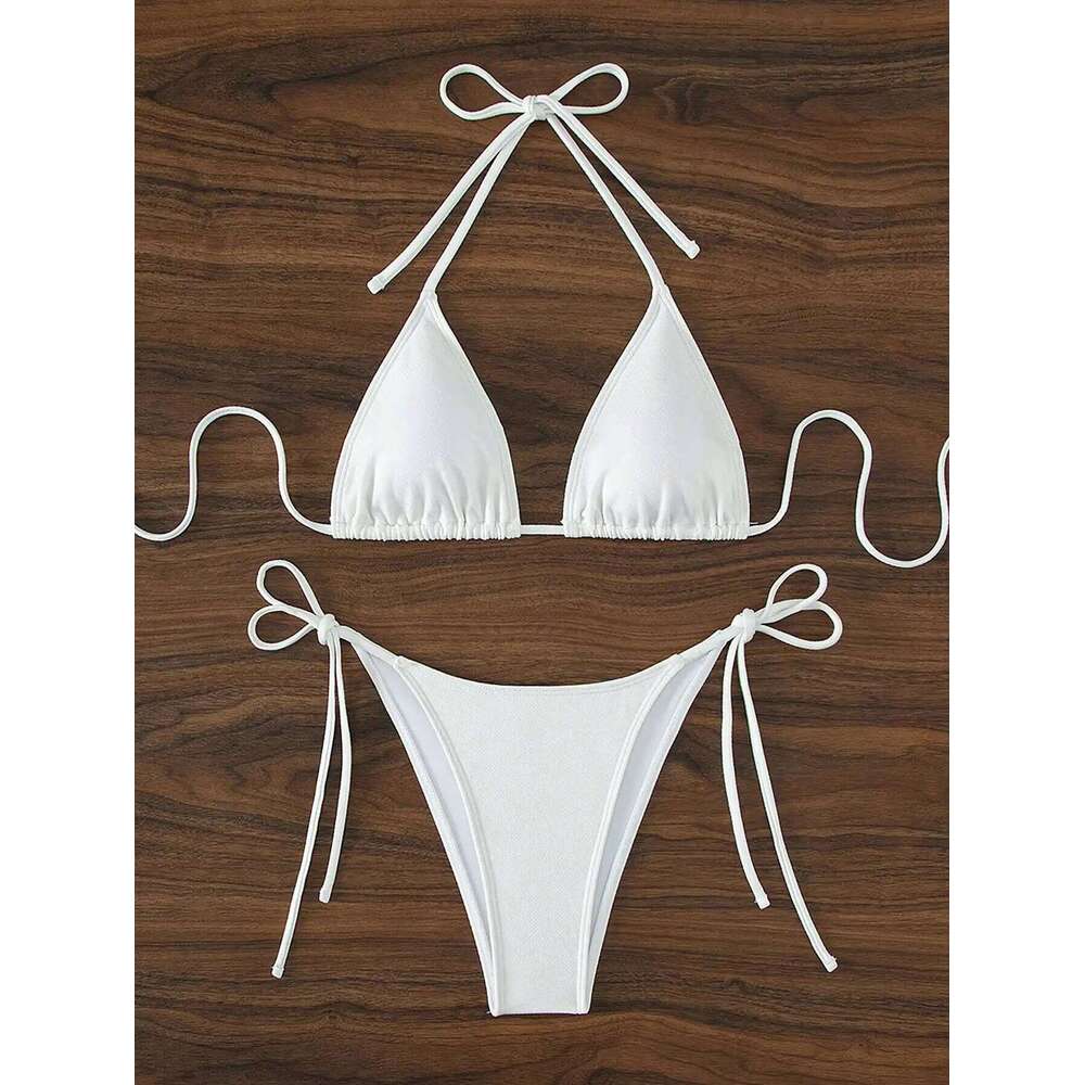 Summer white pure simple front-tie bikini swimsuit set 26H0313