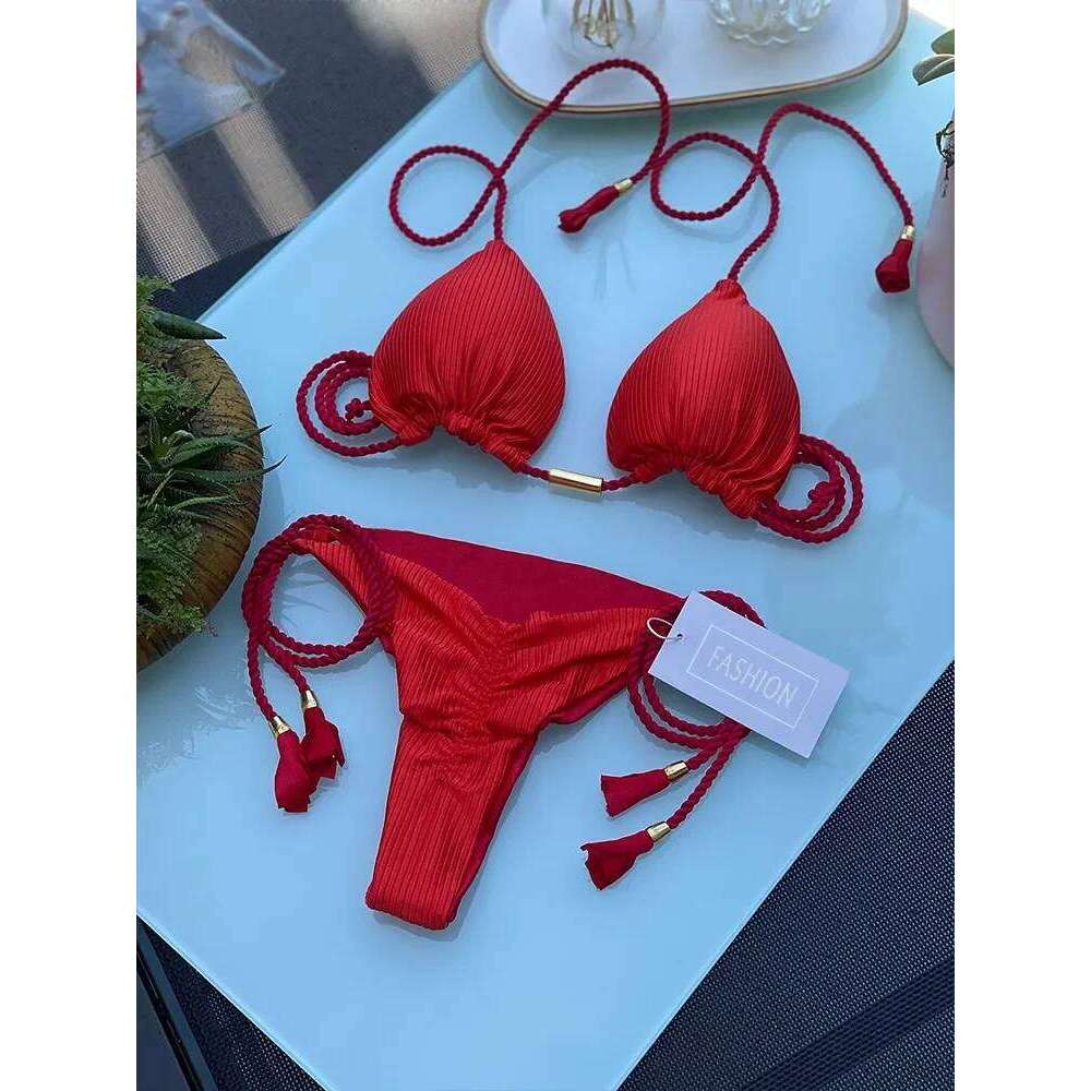 Women's Bikini New Special Fabric Solid Color Rope Swimsuit Multicolor 26H0313