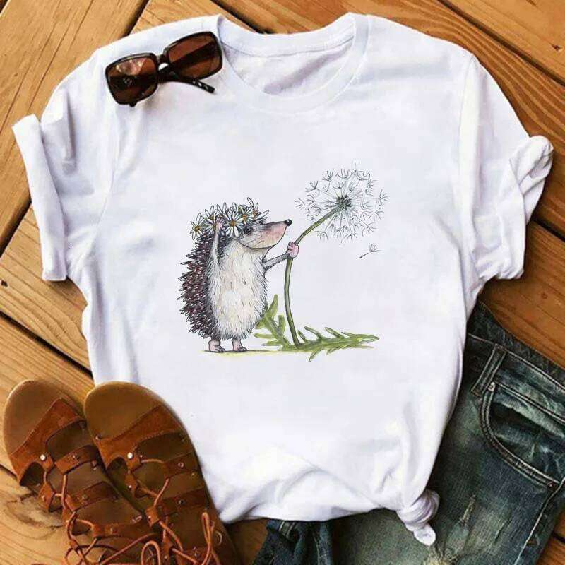 Cotton 100% Women's Short Sleeve Explosive Hedgehog Print Fashion Crew Neck T-shirt Oversized T Shirt Aesthetic Clothes Tops Z260314
