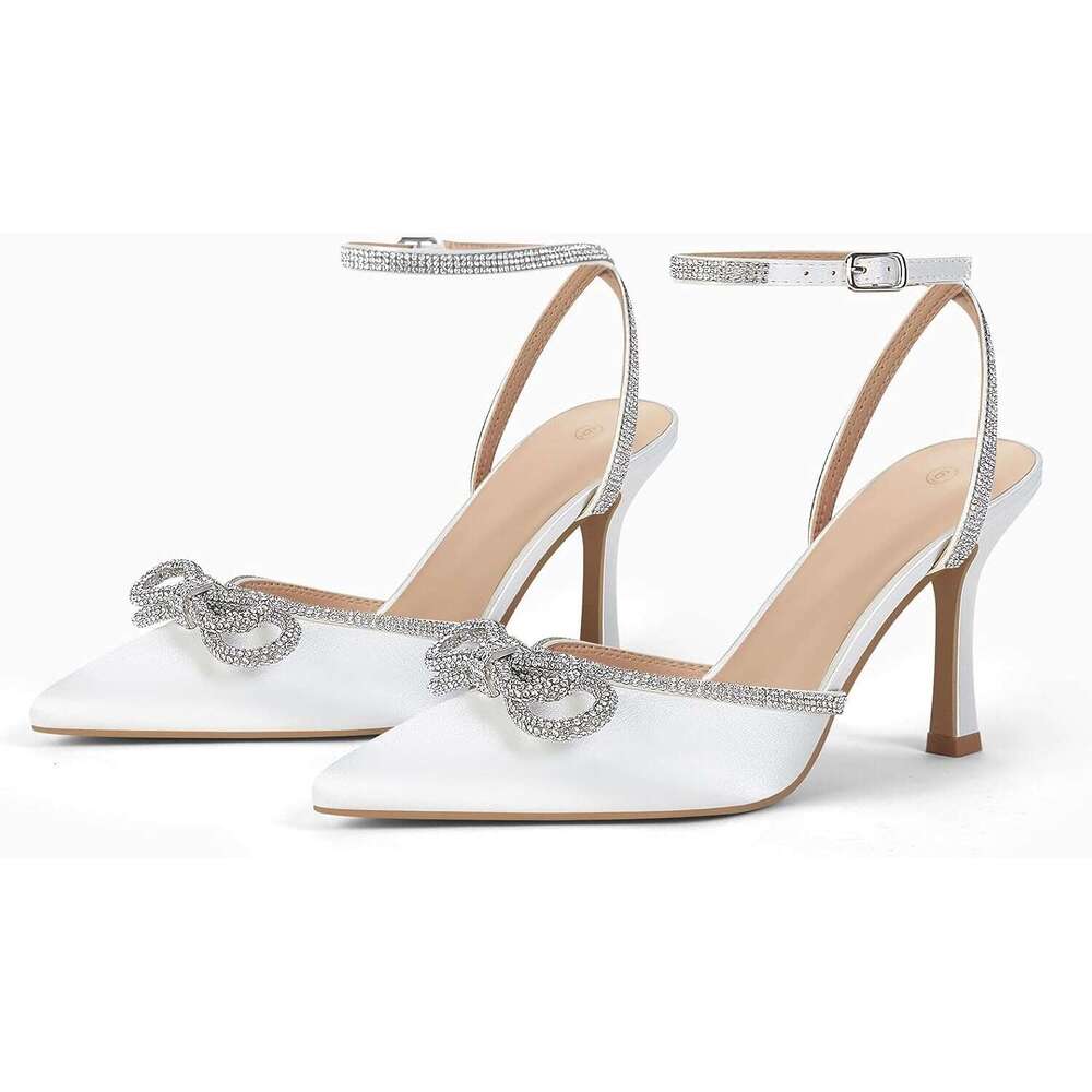Women S Double Bow Pointed Toe Ankle Strap Crystal Pumps Wedding Bridal Party Stilettos Backless Satin Heeled Sandals MOJIDASHU