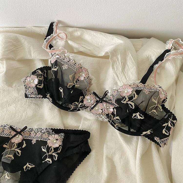 MOYISU New Arrival Luxury Pure Desire Lace Tulle Sexy Panties Lingerie Set Lilacs Embroidery Girl Size Big Boobs Small